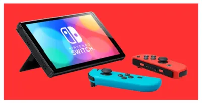 Fundo vermelho, com bordas brancas e um console do Nintendo Switch ao centro