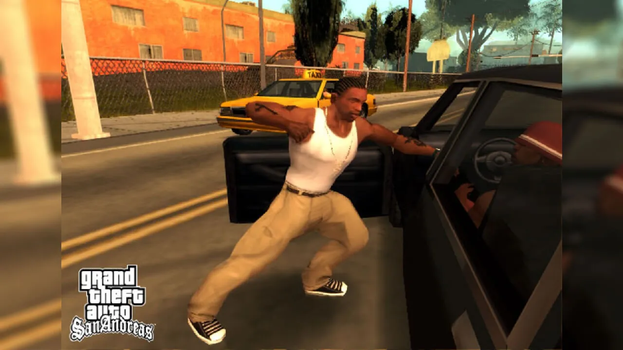 Personagem virtual Carl Johnson roubando um carro