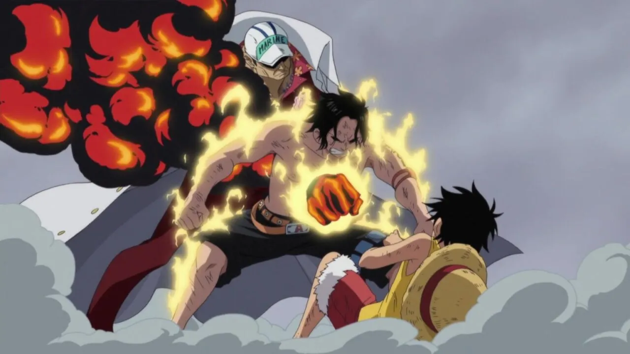 Akainu matando Ace com um golpe em sua costas, enquanto Ace salva luffy, pondo-se na frente do ataque de Akainu