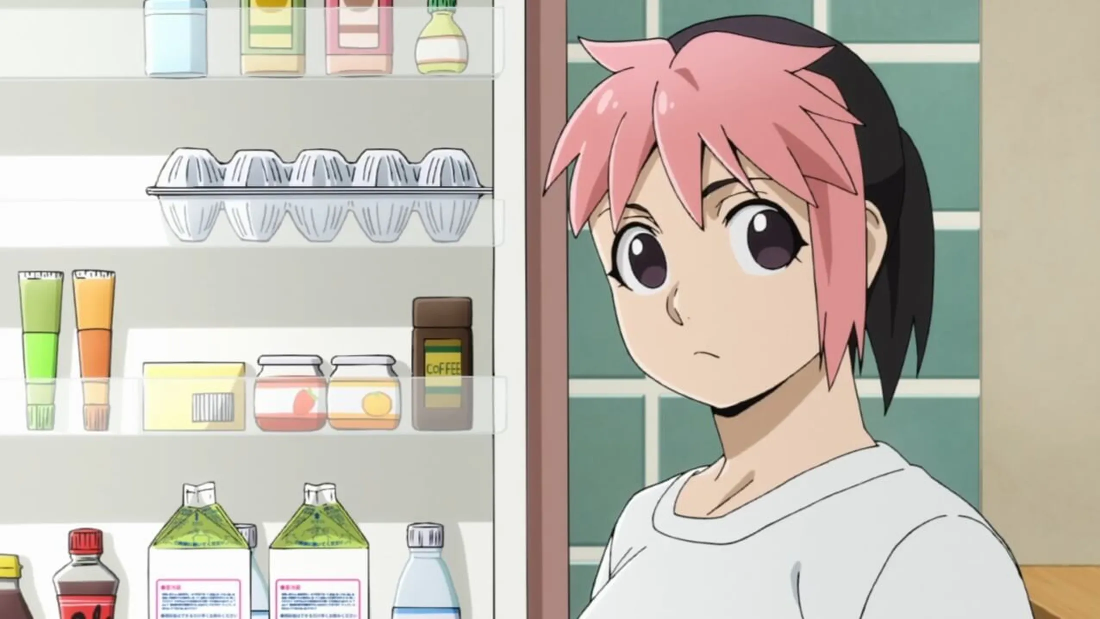 Mulher de cabelos pretos e mecha rosa olhando para o lado perto de uma geladeira