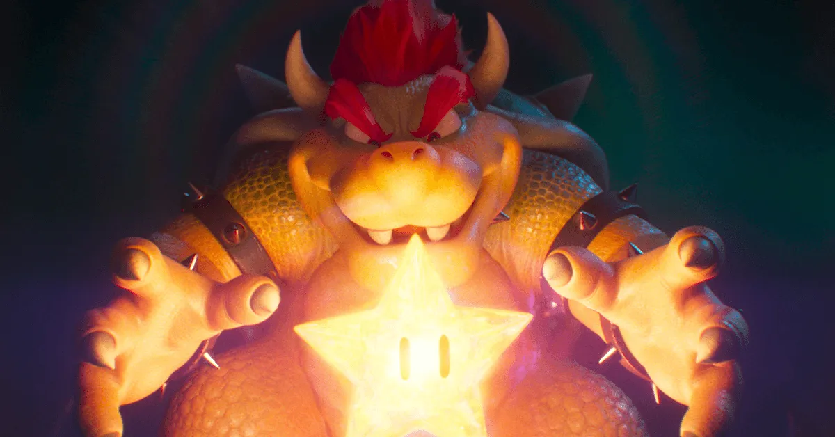 O vilão Bowser em Super Mario Bros O Filme pegando a Estrela.
