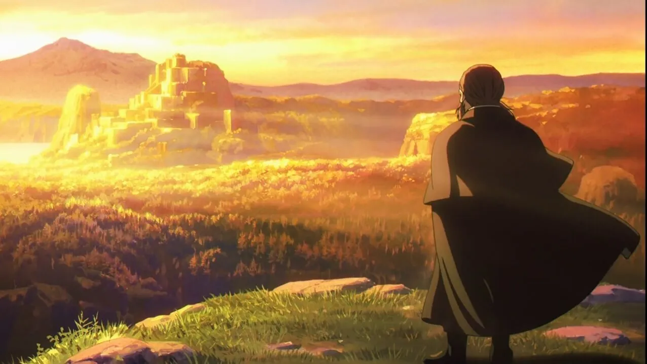 Denken olhando para o horizonte com pôr do sol