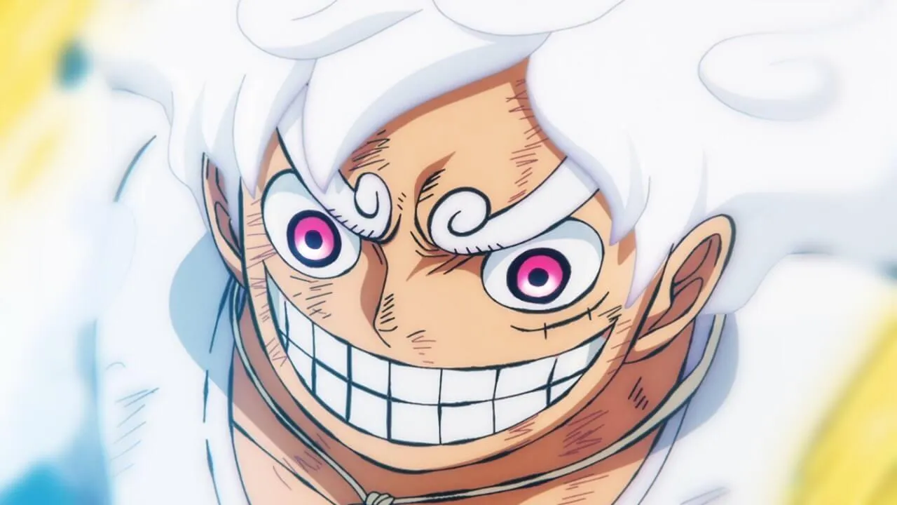 Luffy sorrindo na forma da Gear 5. Das 4 frutas divinas, ele tem a do deus do sol.