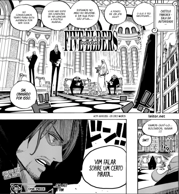 Ilustração de  irmão de Shanks conversando os goroseis no capítulo 907