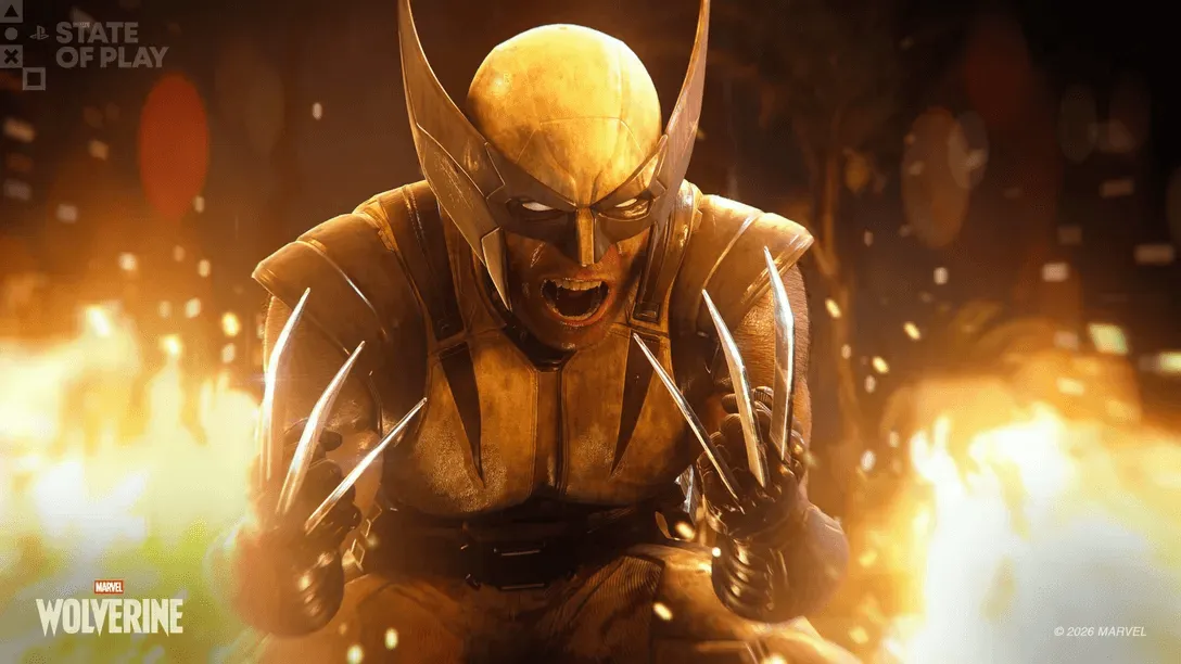 Marvel's Wolverine - Logan com o uniforme amarelo, garras para fora e o ambiente em chamas.