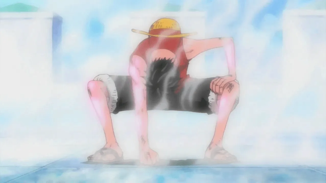 fumaça saindo de Luffy na gear 2, com uma mão no chão e uma na coxa
