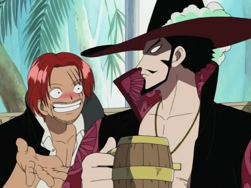 Shanks oferecendo uma bebida para Mihawk