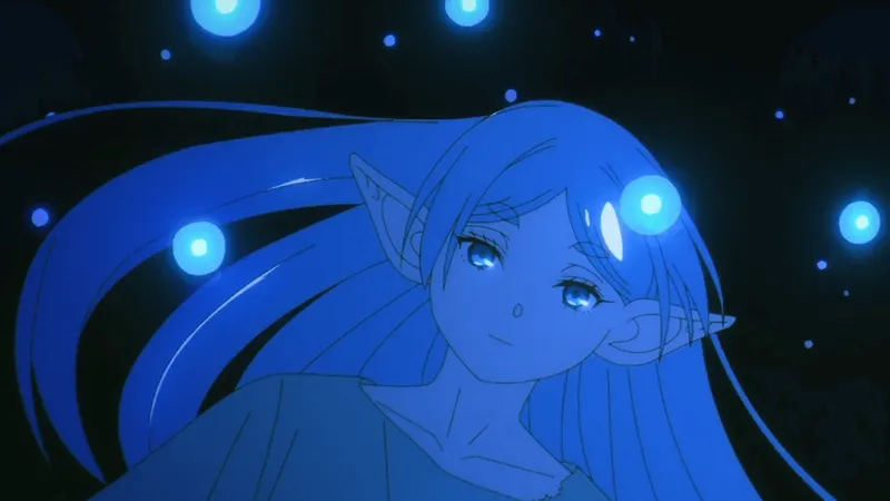 Frieren olhando para a frente com um fundo preto e bolhas azuis