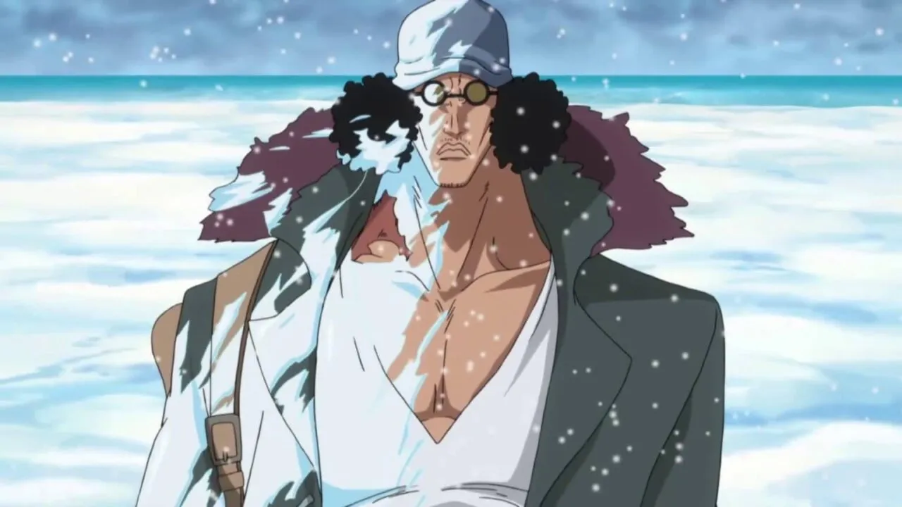 aokiji com algumas partes do seu corpo cobertas de gelo, enquanto usa uma roupa convencional