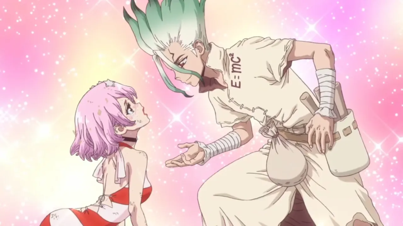 Senku estendendo a mão para luna caída no chão