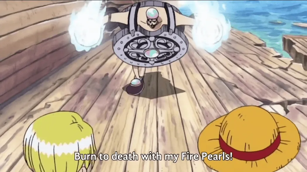 pearl se preparando para atacar luffy e sanji em um barco quebrado