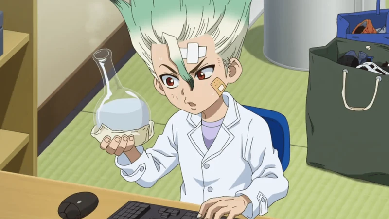 senku olhando pra um frasco de vidro