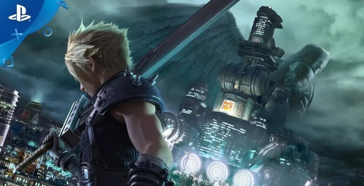 Final Fantasy 7 Remake Cloud segurando uma espada e o logo do Playstation na parte superior esquerda da imagem