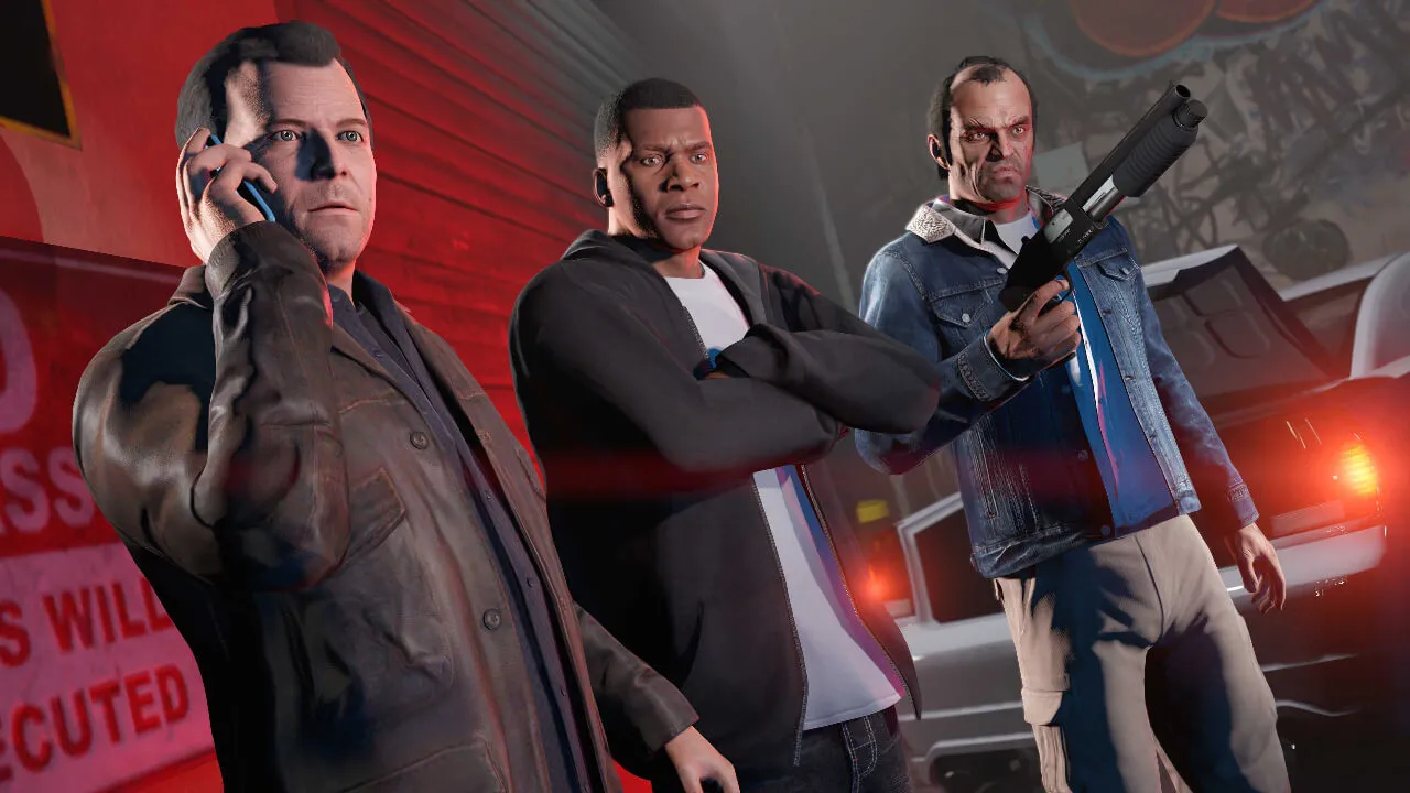 personagens Michael de Santa, Franklin Clinton e Trevor Philips em uma cena dentro do jogo GTA V