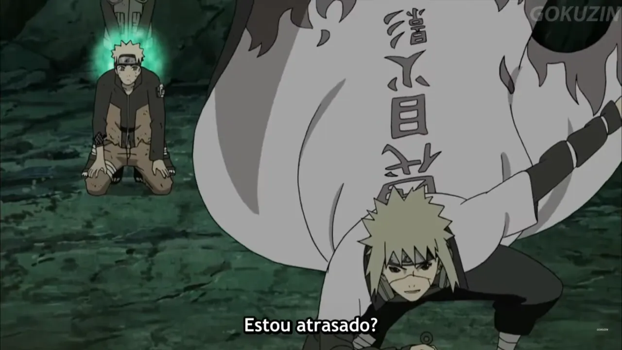 Minato interage com Naruto ao chegar no campo de batalha.