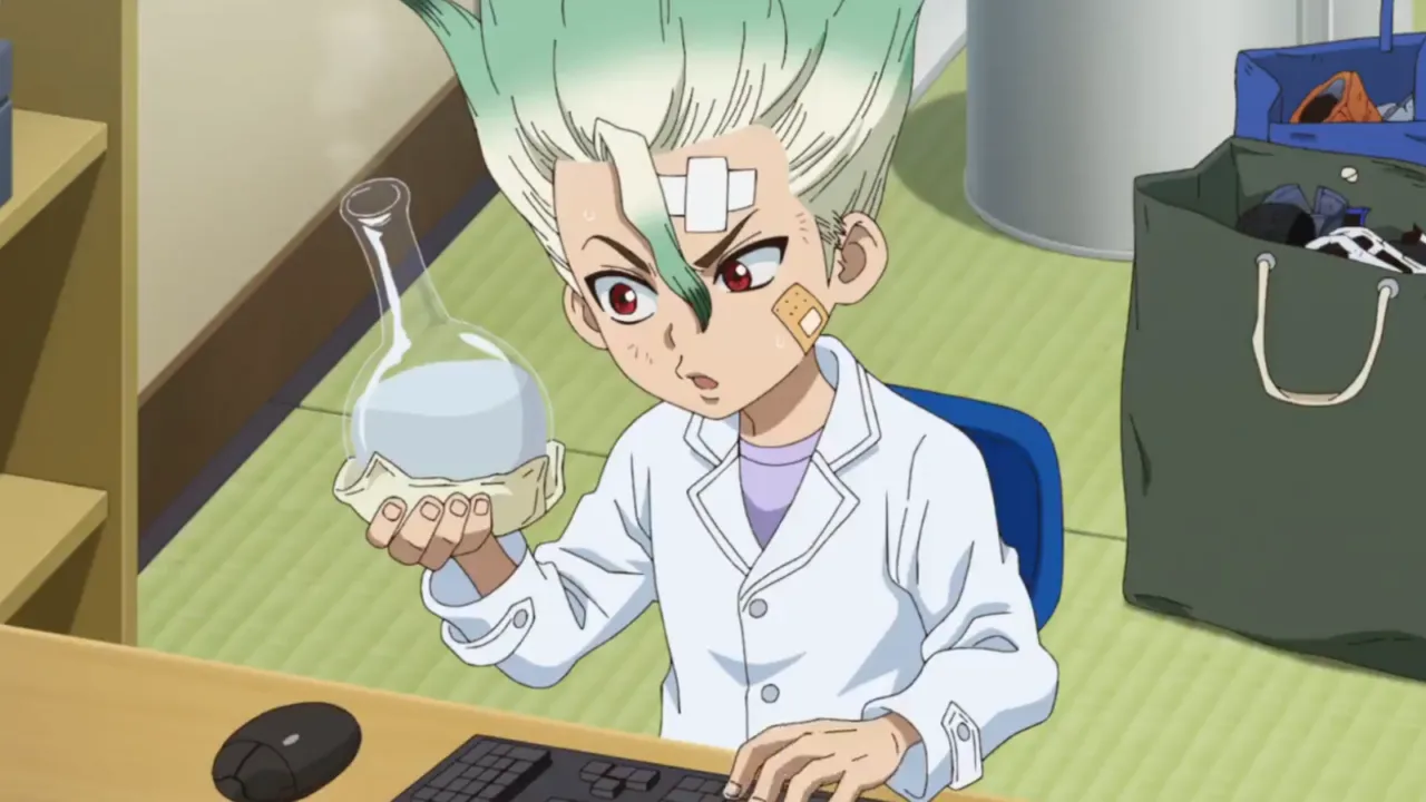 senku olhando pra um frasco de vidro