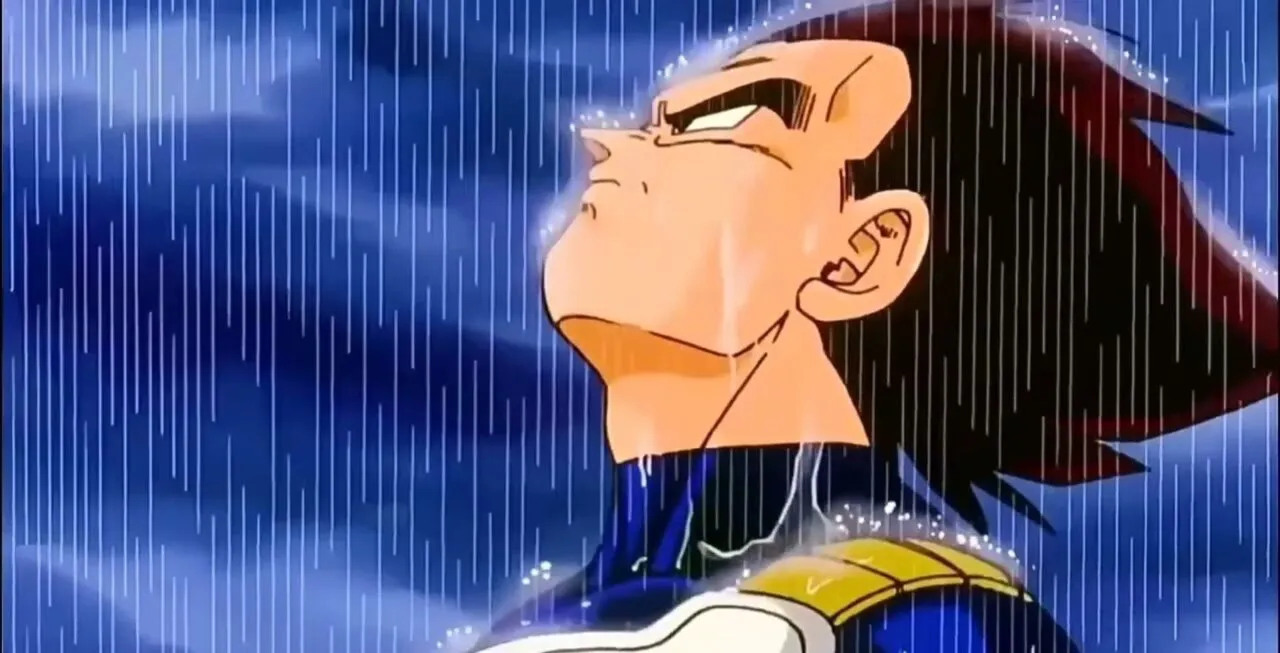 Personagem Vegeta olhando para o céu em cenário chuvoso