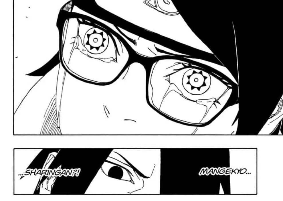Sarada despertou seu Mangekyou Sharingan após troca de papéis entre Boruto e Kawaki - Foto: Reprodução / Mangá Plus
