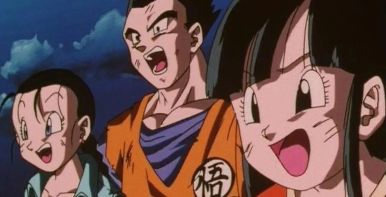 Personagens Videl, Gohan e Pan alegres após combate