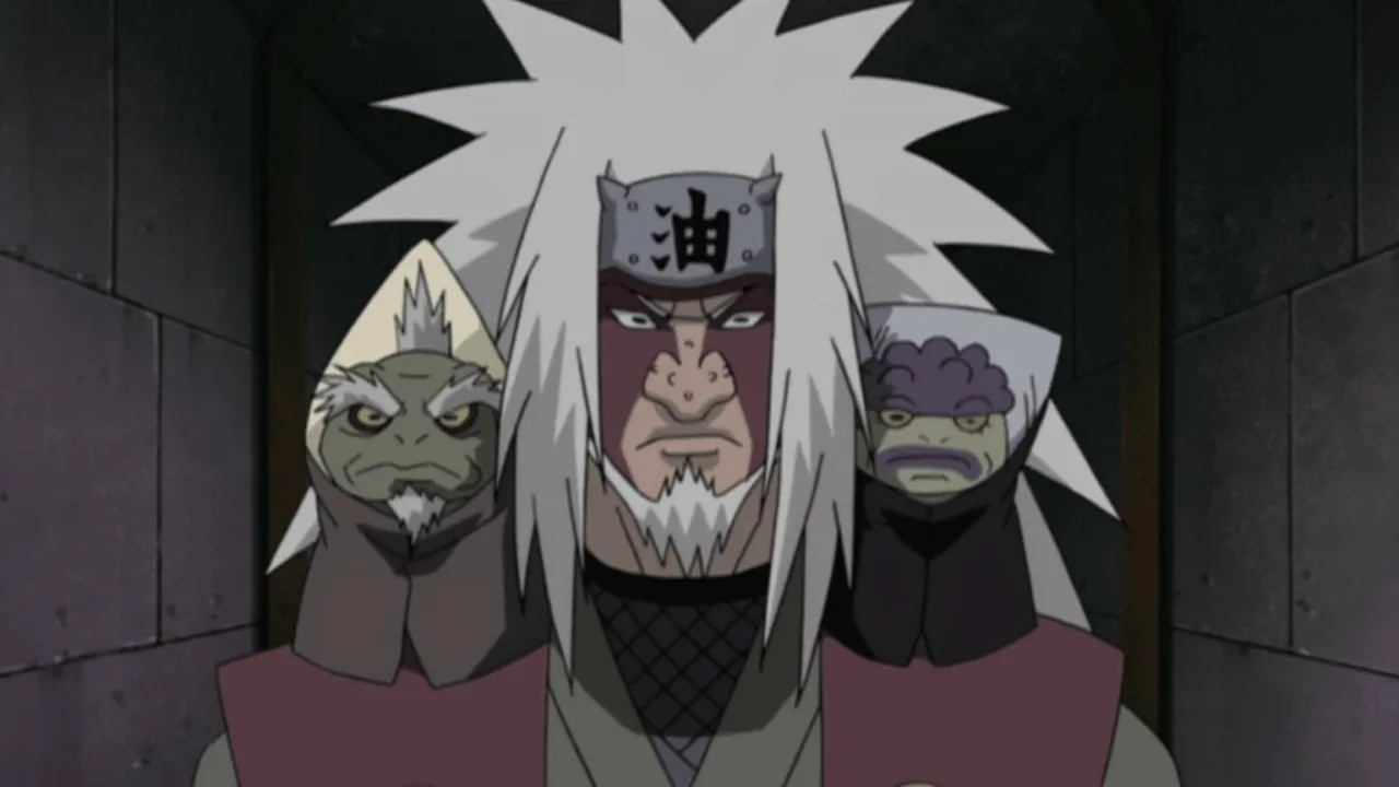 jiraiya em seu modo sábio com dois sapos em seus ombros
