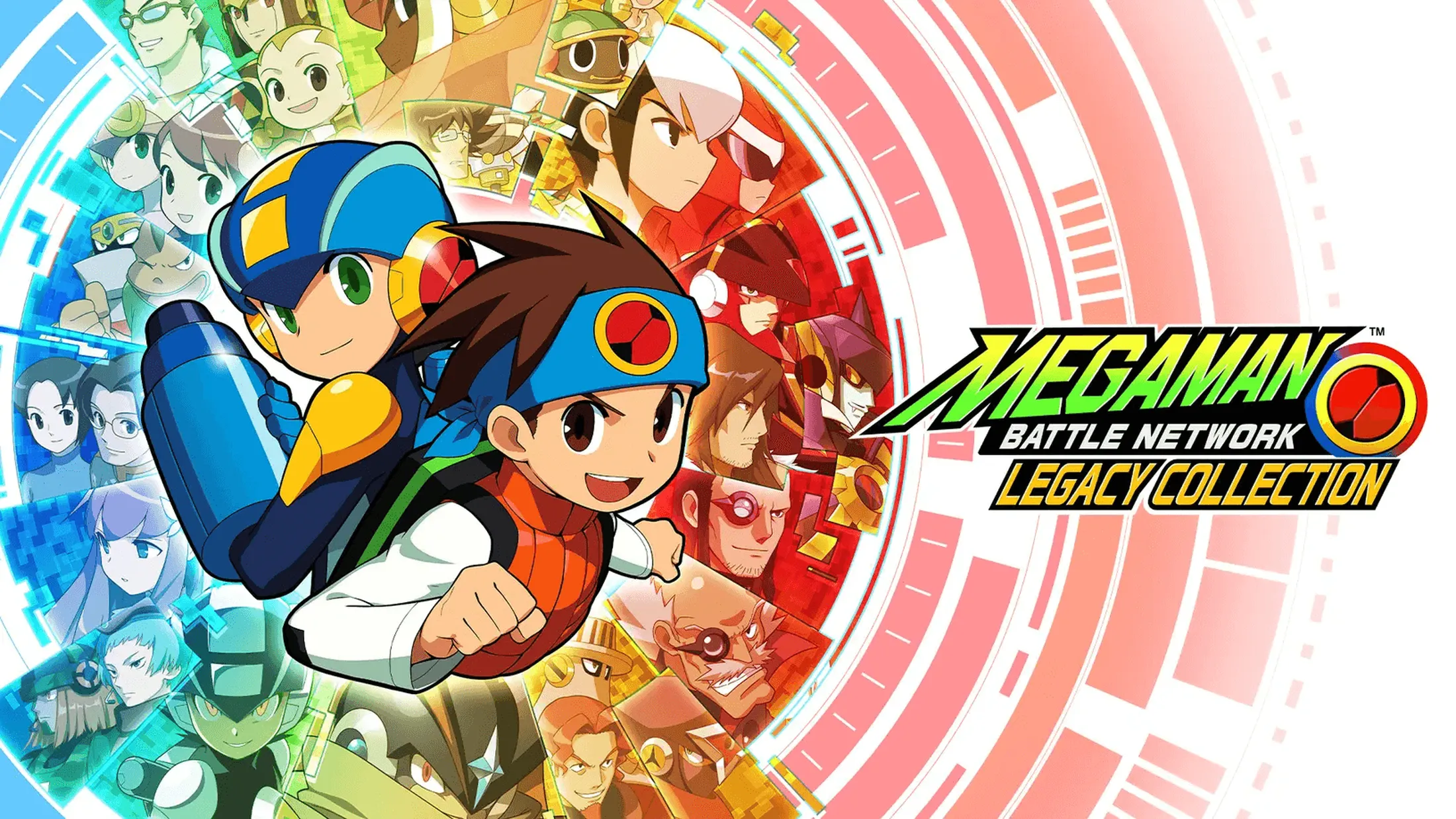 Personagens de Mega Man Battle Network Legacy Collection com a escrita do jogo ao lado.