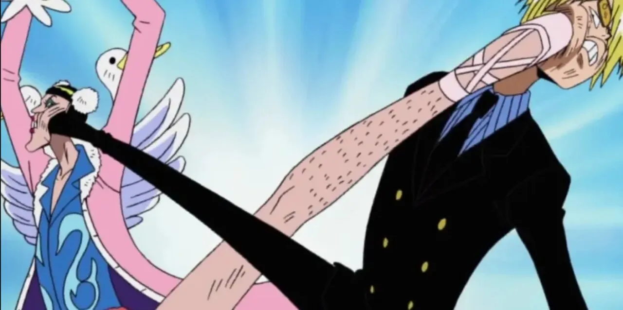Sanji chuta um personagem e ao mesmo tempo recebe um chute no rosto