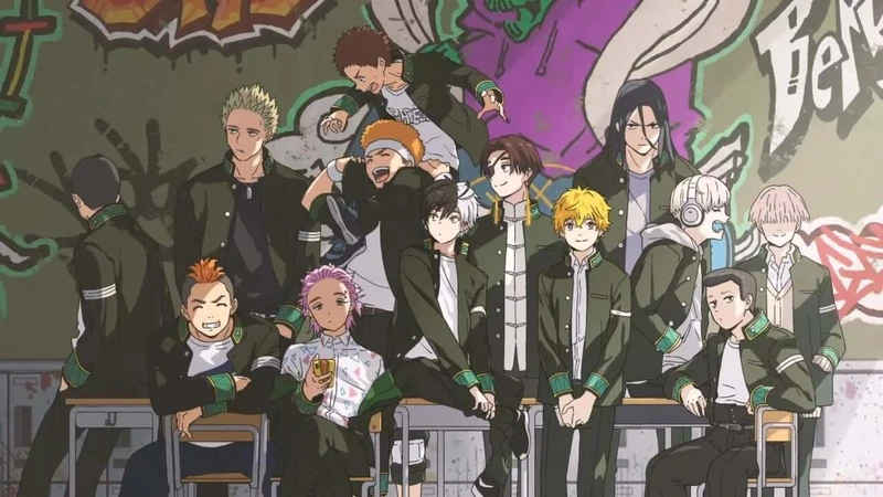 Personagens de WIND BREAKER posam na frente de uma parede grafitada