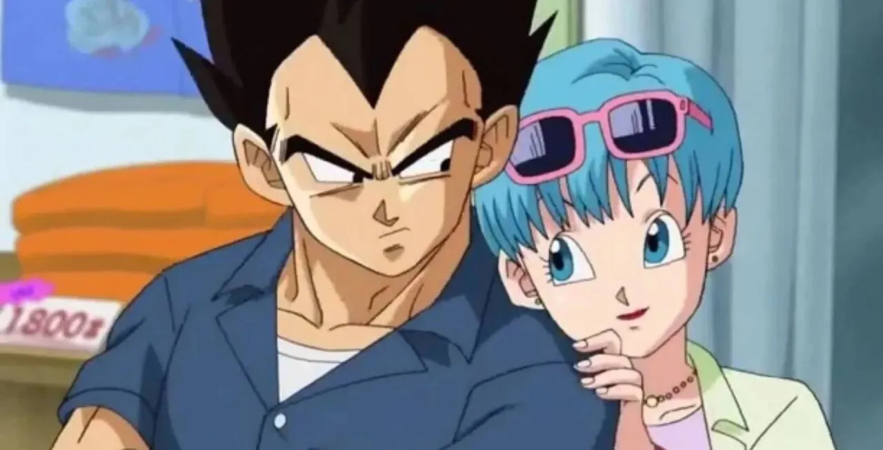 Personagens Vegeta e Bulma. Bulma está apoiada no ombro de Vegeta