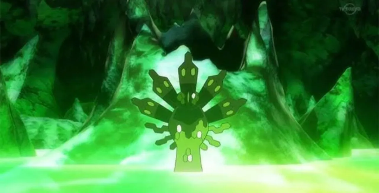 Zygarde em sua forma de serpente em uma caverna
