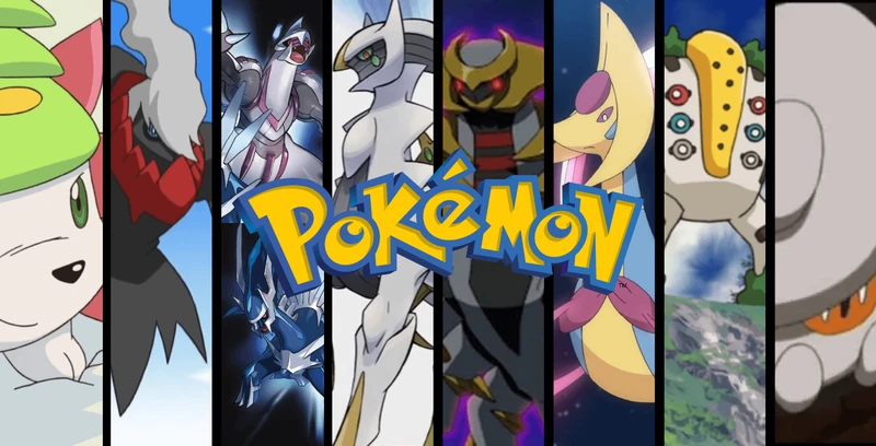 Da esquerda para a direita: Shaymin, Darkrai, Dialga e Palkia, Arceus, Giratina, Regigias, Heatran e o logo de Pokémon no centro da imagem
