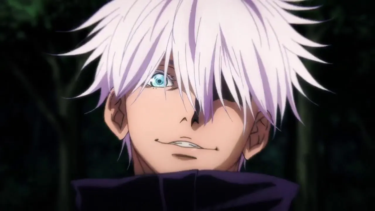 satoru-dando-um-sorriso-meio-malvado-enquanto-somente-um-de-seus-olhos-esta-a-vista