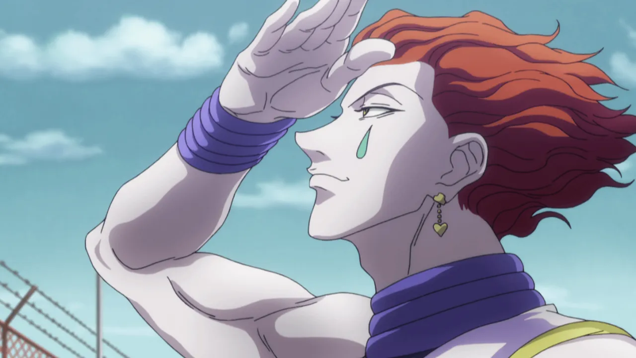 Hisoka com a mão em cima dos olhos como se estivesse tentando ver algo que está longe dele.