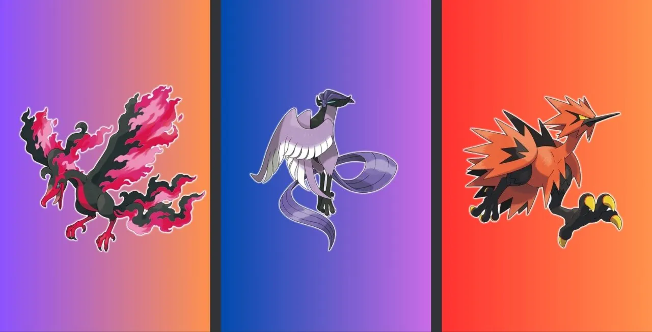 Galarian Moltres, Galarian Articuno e Galarian Zapdos em fundo degradê