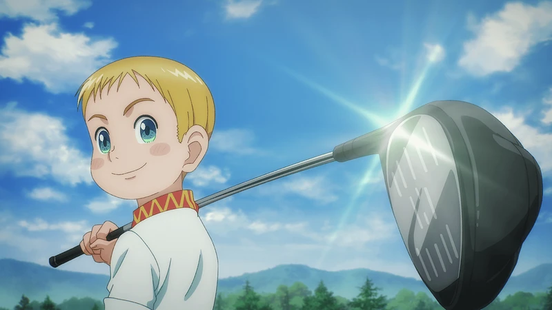 Gawain, um menino loiro de olhes verdes segurando um taco de golfe