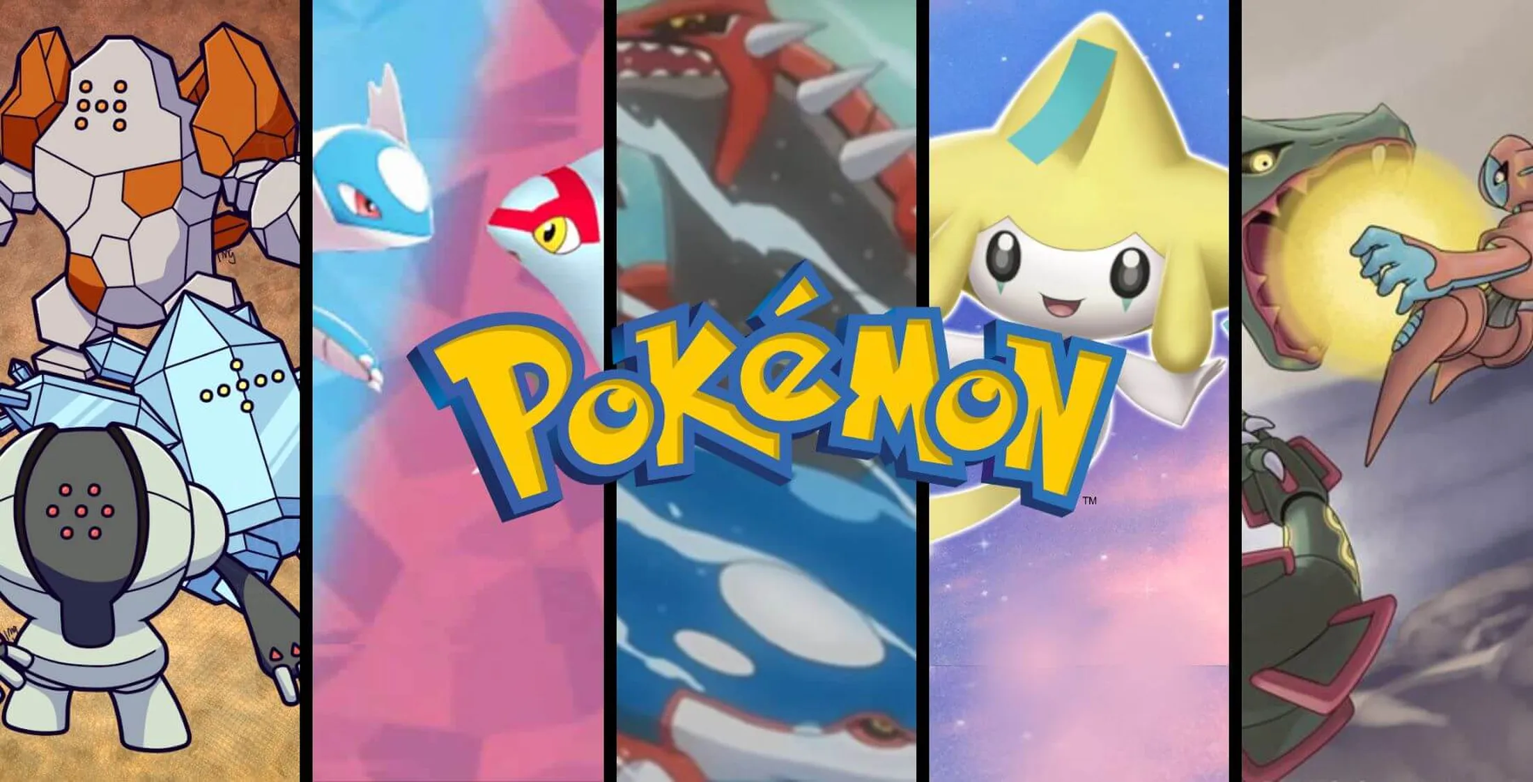 Da esquerda para direita: Trio Regis, Latios e Latias, Groudon e Kyogre, Jirachi, Rayquaza e Deoxys