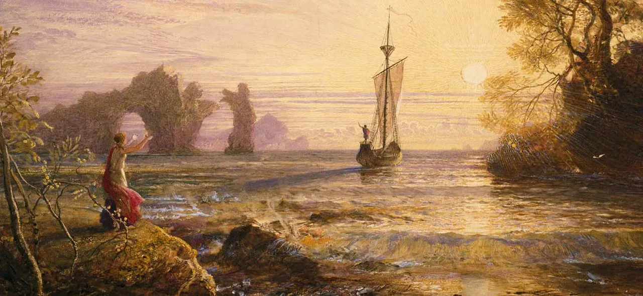 Cena do poema Odisseia retrata a Ilha de Calipso, A Partida de Ulisses (também conhecida como Adeus a Calipso), de Samuel Palmer, 1848-49. Créditos: The Whitworth, Universidade de Manchester.