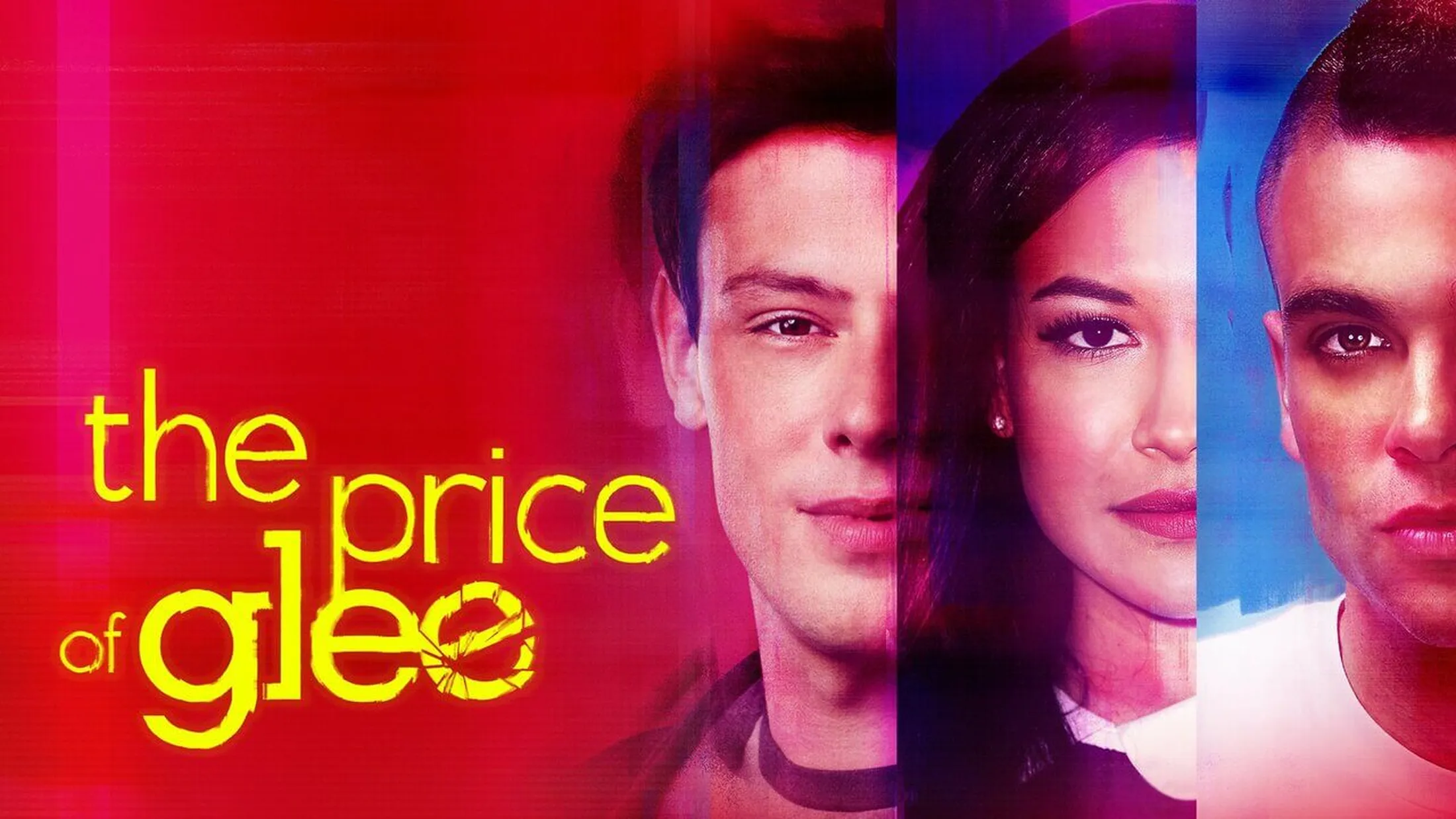 Poster do documentário Glee o preço da fama , com o rosto de Finn, Puck e Santana Lopez