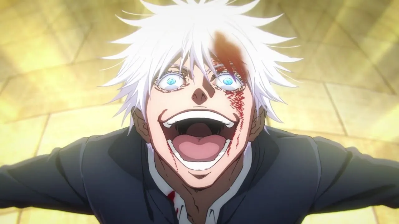 satoru com sangue escorrendo de sua testa e rindo escandalosamente-enquanto olha para o alto com seus bracos abertos