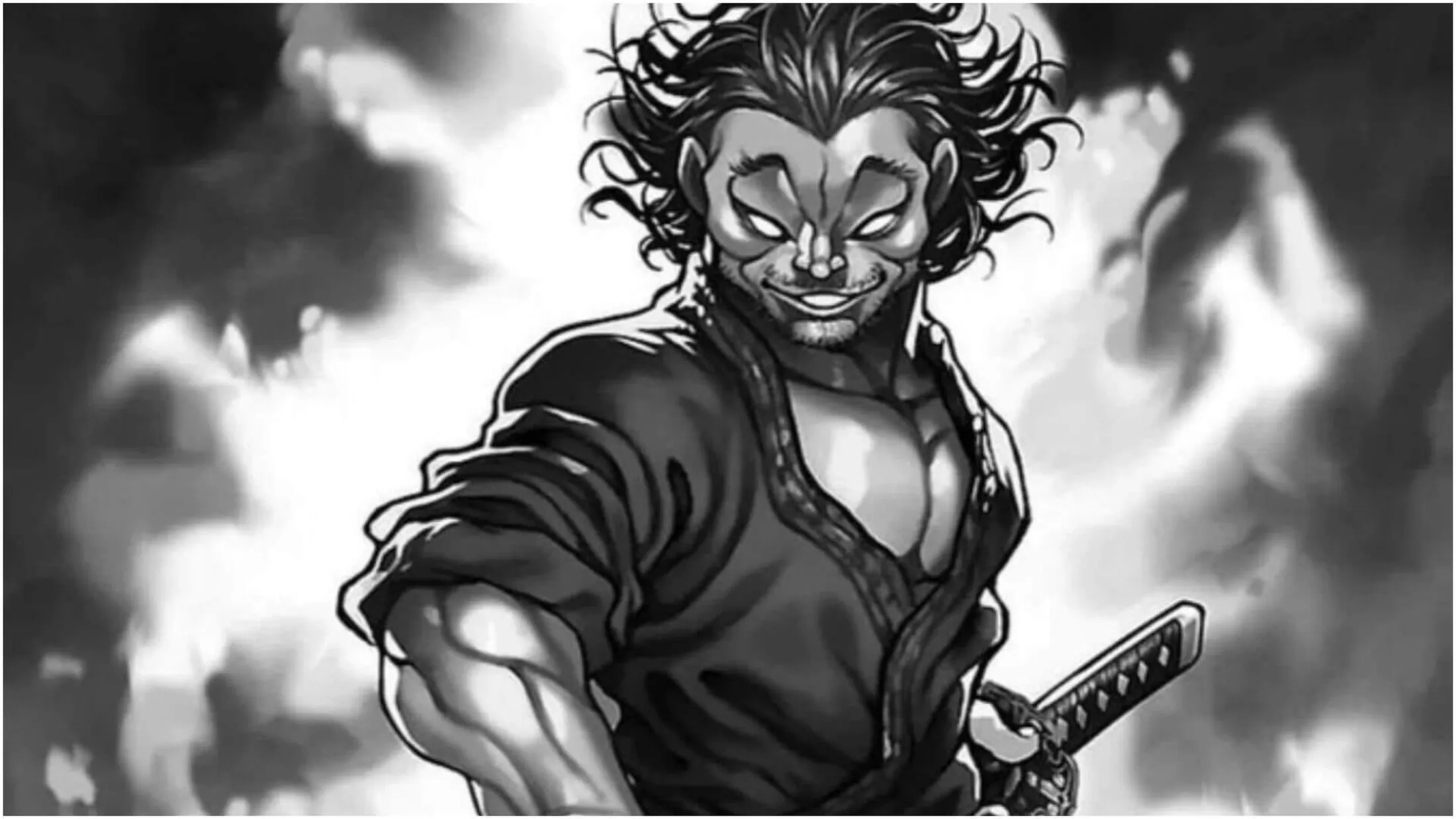 Musashi sorrindo enquanto se prepara para desembainhar sua espada com a mão esquerda