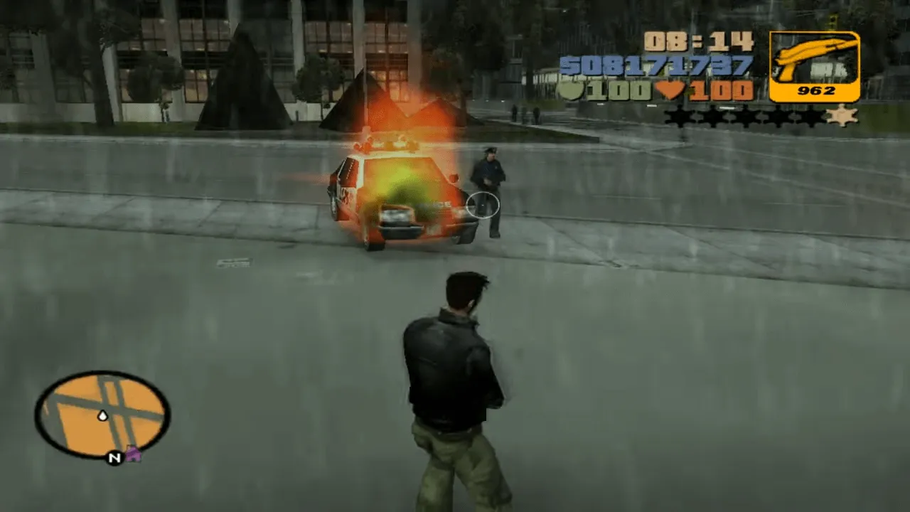 Trecho de gameplay onde aparecem o personagem Claude e um policial