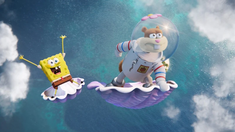 Personagens do filme A Missão de Sandy Bochechas flutuando em conchas.