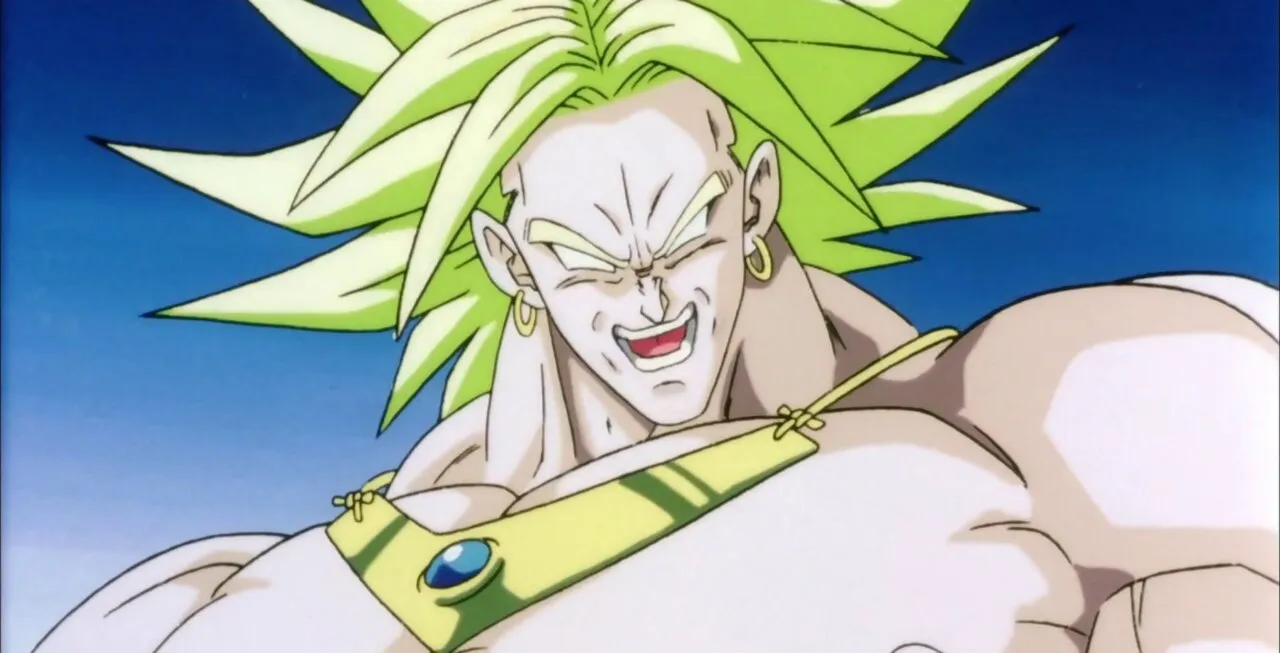 Broly com olhar maligno em suas forma super saiyajin