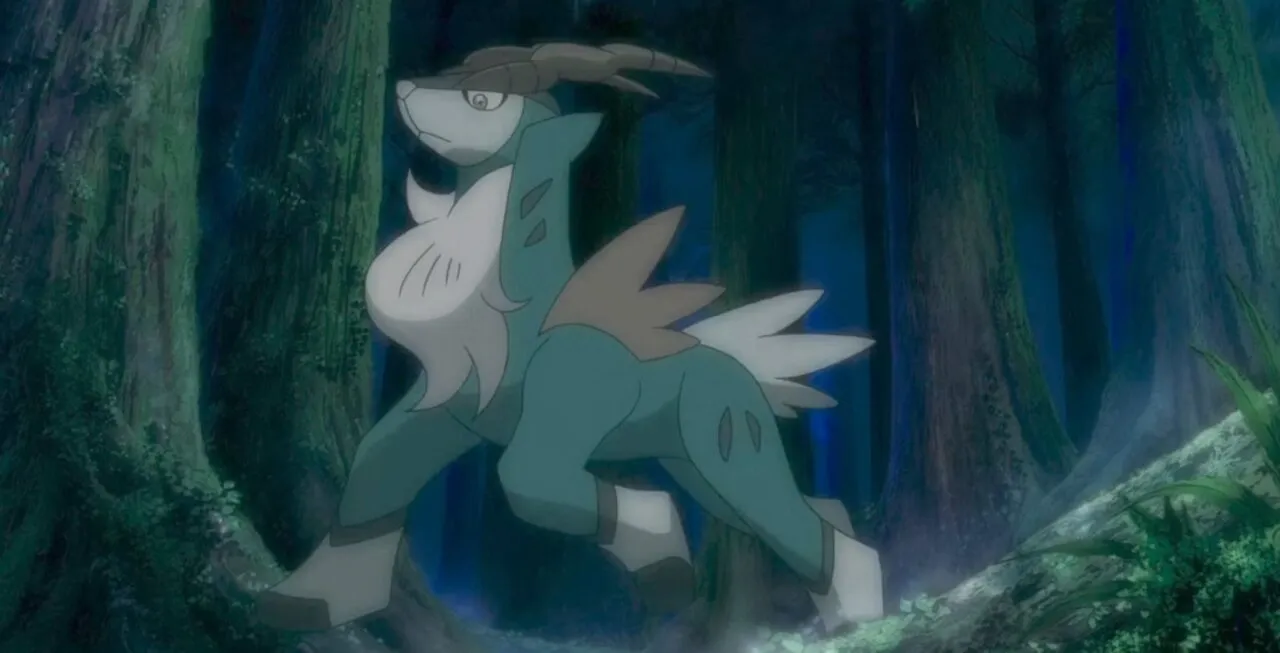 Cobalion com olhar sério em uma floresta