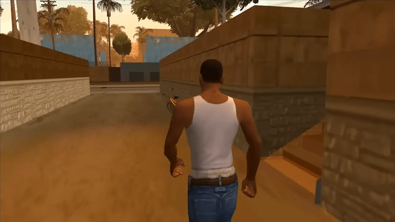 CJ em um beco próximo de uma bicicleta