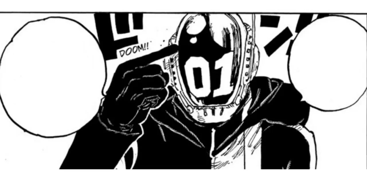 Vegapunk 01 apontando um dedo para sua própria cabeça