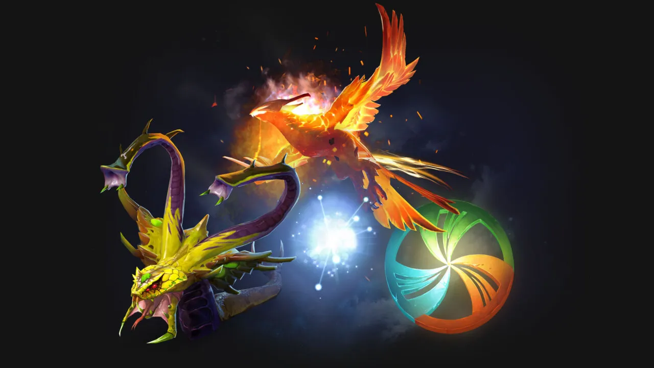 Imagem ilustrando os heróis Venomancer, Fenix e iO de Dota 2