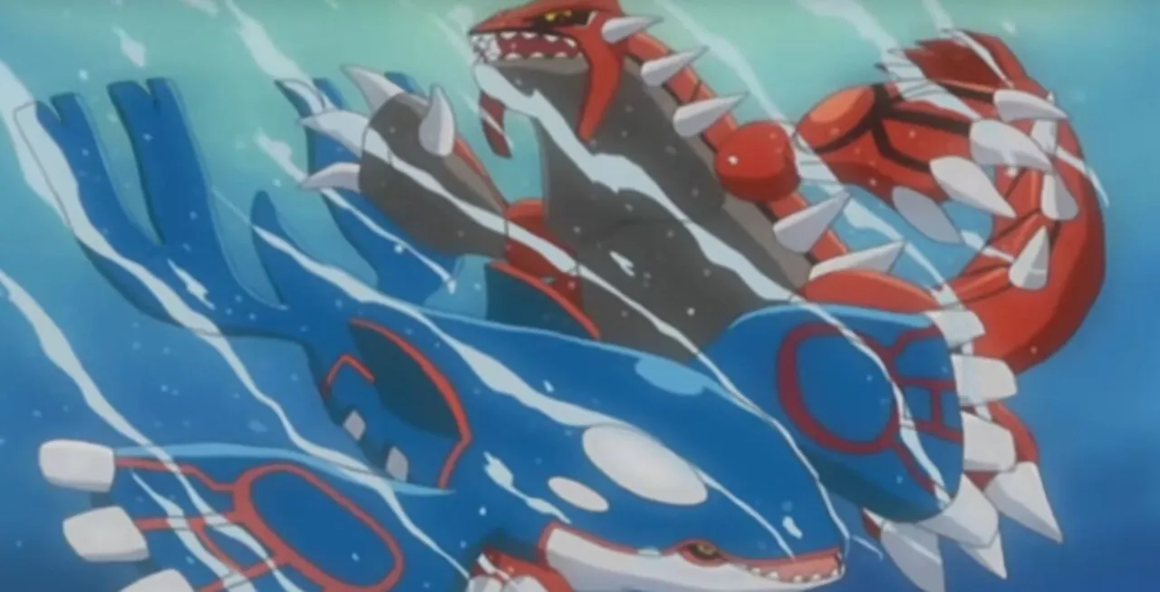 Kyogre e Groudon se enfrentando
