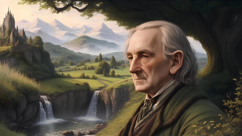 O autor J. R. R Tolkien, olhando uma paisagem inspirada em Hobbit