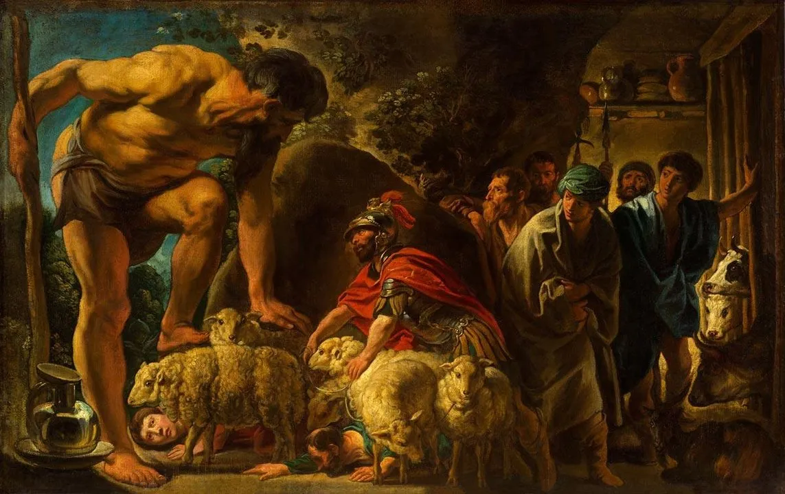 Ilustração mostra Odisseu salvando seus companheiros de Polifemo ao escaparem escondidos sob carneiros, de Jakob Jordaens (1593–1678)