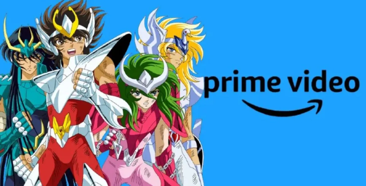 Seiya, Shiryu, Hyoga e, Shun com o logo do Prime Video à direita